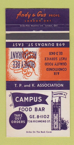Matchbook Cover - Honey Bee Restaurant London ON Campus Food Bar 30 Strike