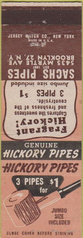 Matchbook Cover - Sachs smoking pipes Brooklyn NY hickory