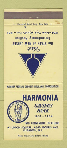 Matchbook Cover - Harmonia Savings Bank Elizabeth NJ 1964 World's Fair 30 Strike