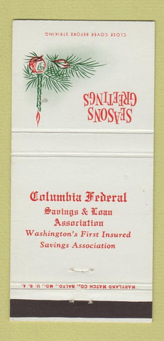 Matchbook Cover Columbia Federal Savings Loan Washington DC Christmas 30 Strike