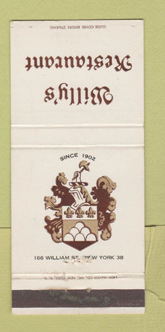 Matchbook Cover - Billy's Restaurant New York City WEAR 30 Strike