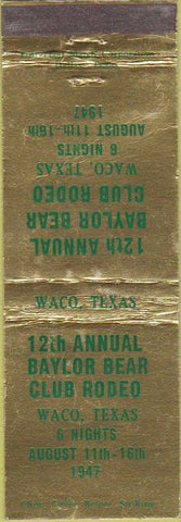 Matchbook Cover - Baylor Bear Club Rodeo Waco TX 1946 WEAR