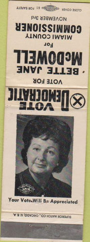Matchbook Cover - Bette McDowell Miami Commissioner OH? WORN