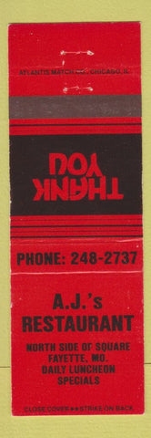 Matchbook Cover - AJ's Restaurant Fayette MO