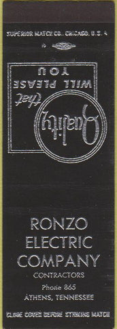 Matchbook Cover - Ronzo Electric Co Athens TN