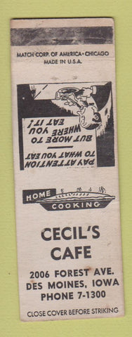 Matchbook Cover - Cecil's Cafe Des Moines IA WORN