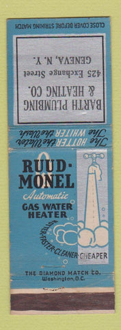 Matchbook Cover - Ruud Monel Gas Water Heater Barth Plumbing Geneva NY