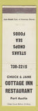Matchbook Cover - Chuck & Jane Cottage Inn Restaurant Port Austin MI