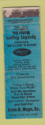 Matchbook Cover - Spratley Rogers Ford Irvin D Mays Sr POOR