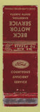 Matchbook Cover - Beck Motors Ford Garretson SD WORN