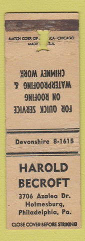Matchbook Cover - Harold Becroft Roofing Philadelphia PA POOR
