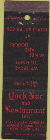 Matchbook Cover - York Bar Restaurant New York City