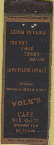 Matchbook Cover - Volk's Cafe New York City Federal WEAR