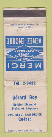 Matchbook Cover - Gerard Roy Grocery Quebec QC WORN