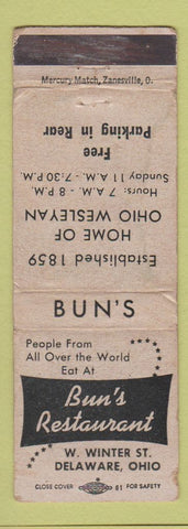 Matchbook Cover - Bun's Restaurant Delaware OH WORN