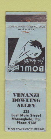 Matchbook Cover - Venanzi Bowling Alley Mononghela PA WORN
