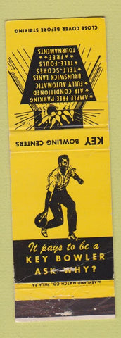 Matchbook Cover - Key Bowling Centers Brunswick Philadelphia PA Horsham WEAR