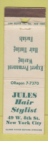 Matchbook Cover - Jules Hair Salon New York City POOR PAPER LOSS
