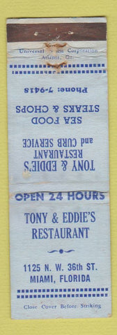 Matchbook Cover - Tony & Eddie's Restaurant Miami FL WORN