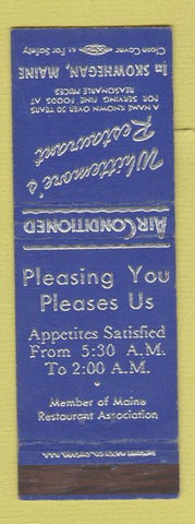 Matchbook Cover - Whittemore's Restaurant Skowhegan MI BLUE