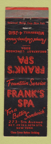 Matchbook Cover - Frank's Spa Restaurant New York Citye WORN