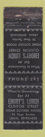 Matchbook Cover - Emory's Lunch Gouverneur NY MERCHANTS WORN