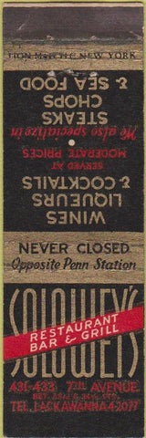 Matchbook Cover - Solowey's New York City bar restauant black