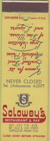 Matchbook Cover - Solowey's New York City bar restauant yellow