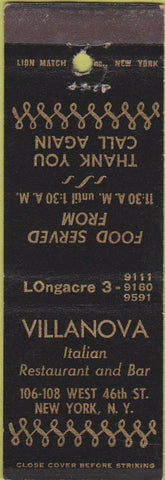Matchbook Cover - Villanova Italian Restaurant New York City