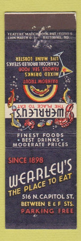 Matchbook Cover - Wearley's Restaurant Washington DC feature