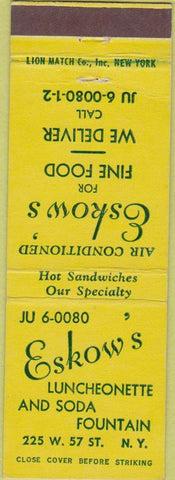 Matchbook Cover - Eskow's Lunch New York City