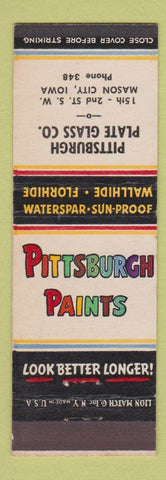 Matchbook Cover - Pittsburgh Paints Plate Glass Mason City IA
