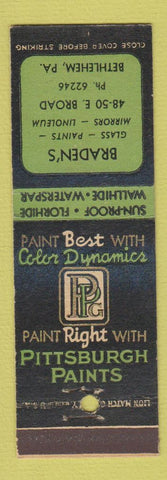 Matchbook Cover - Pittsburgh Paints Braden's Bethlehem PA