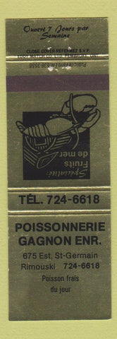 Matchbook Cover - Poissonnerie Gagnon Rimouski QC