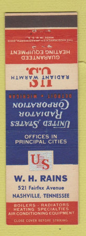 Matchbook Cover - US Radiator Corp WH Rains Nashville TN CREASES WORN