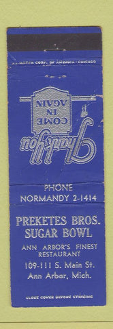Matchbook Cover - Preketes Bros Sugar Bowl Ann Arbor MI WEAR