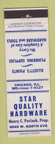 Matchbook Cover Star Quality Hardware Chicago IL Henry Pociask Elliott's Paints