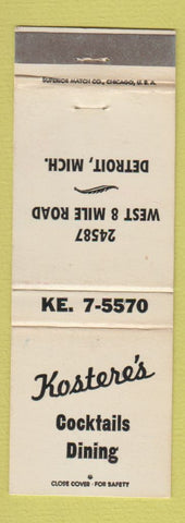 Matchbook Cover - Kostere's Cocktails Restaurant Detroit MI WEAR