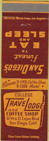 Matchbook Cover - Travel Lodge Motel College San Diego CA