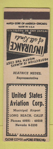 Matchbook Cover - United States Aviation Corp Long Beach CA Insurance