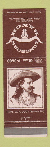 Matchbook Cover - Longhorn Ranch Glen Mills PA Buffalo Bill