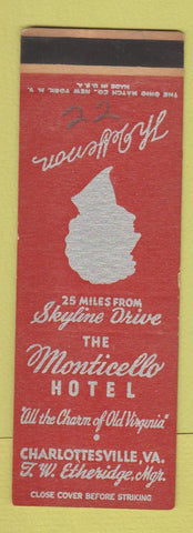 Matchbook Cover Monticello Hotel Thomas Jefferson Charlottesville VA SAMPLE RED
