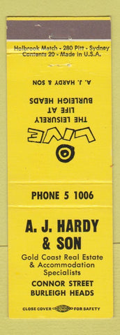 Matchbook Cover - AJ Hardy Son Real Estate Burleigh Heads Gold Coast Australia