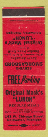 Matchbook Cover - Original Mack's Lunch Coldwater MI