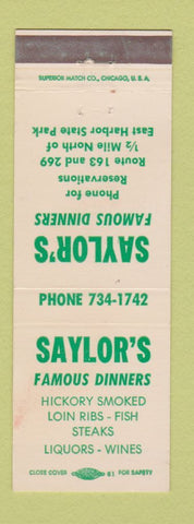 Matchbook Cover - Saylor's Restaurant East Harbor State Park OH