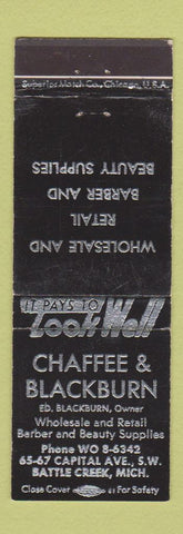 Matchbook Cover - Chaffee & Blackburn Barber Beauty Shop Supply Battle Creek MI