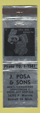 Matchbook Cover - J Posa & Sons Men's Clothes Detroit MI WEAR