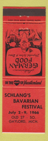 Matchbook Cover - Schlang's Bavarian Festival 1966 Gaylord MI RED