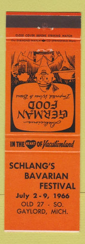 Matchbook Cover - Schlang's Bavarian Festival 1966 Gaylord MI ORANGE