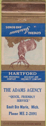 Matchbook Cover - Hartford Insurance Adams Agency Sault Ste Marie MI